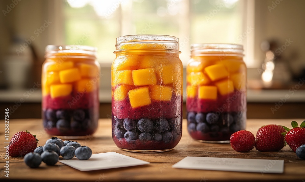 Three layered mason jars with mango, blueberry, and strawberry. Three layered mason jars with mango, blueberry, and strawberry.