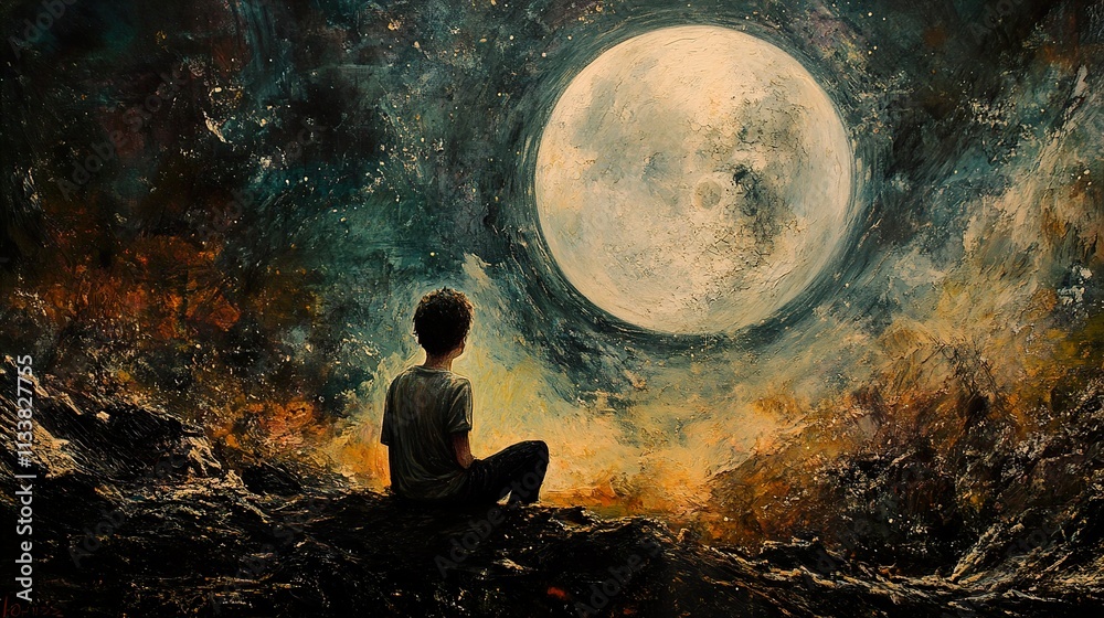 Boy Contemplating the Moon: A Dreamy Night Sky Painting Boy Contemplating the Moon: A Dreamy Night Sky Painting