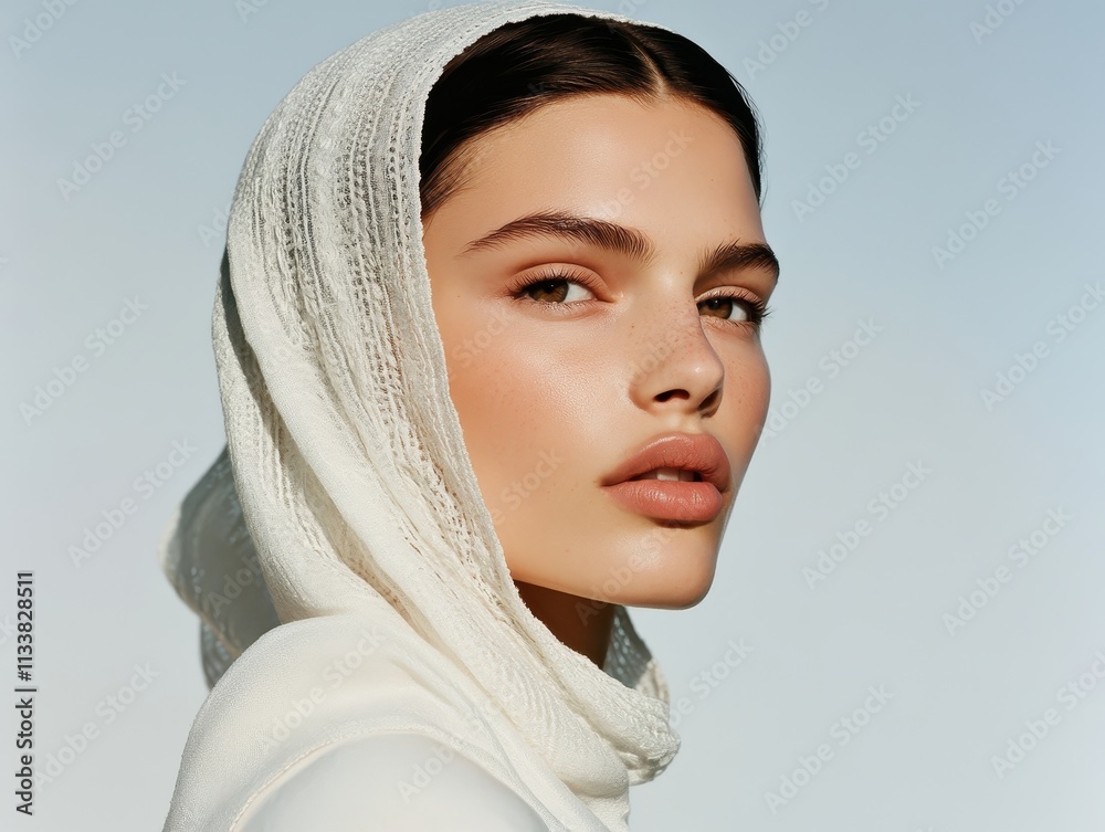 Portrait of a Young Woman in a White Knit Hood Against a Light Blue Sky: A Study in Minimalist Beauty and Natural Light Portrait of a Young Woman in a White Knit Hood Against a Light Blue Sky: A Study in Minimalist Beauty and Natural Light