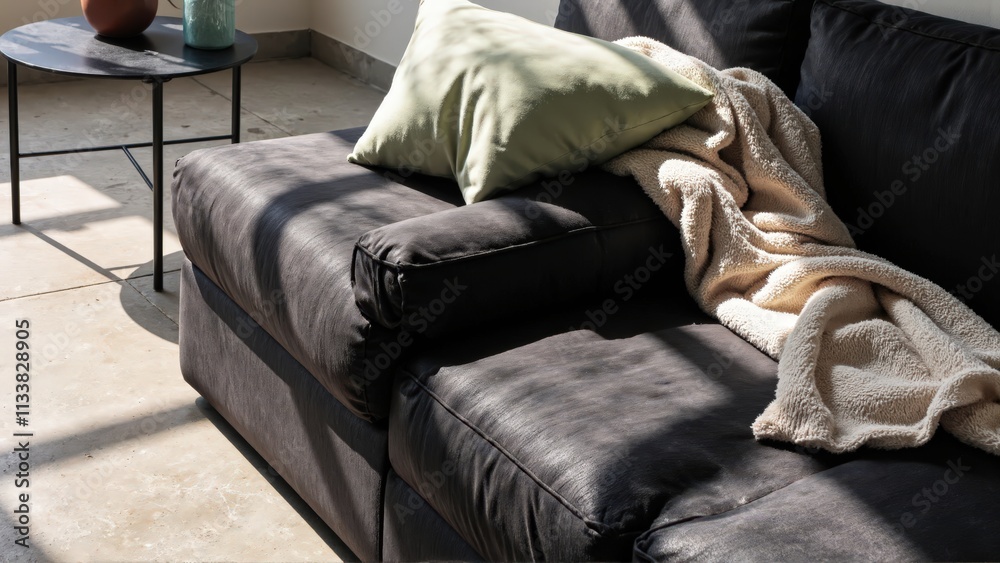 Generative AI, Modern close-up of a velvet sofa with minimalist decor Generative AI, Modern close-up of a velvet sofa with minimalist decor