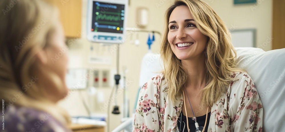 Woman patient in hospital room, smiling. Woman patient in hospital room, smiling.