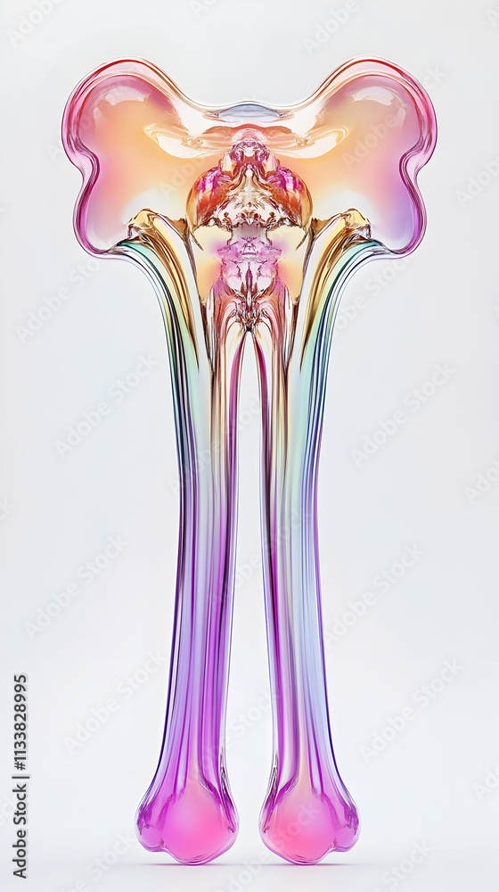 Naklejka premium Abstract iridescent glass sculpture resembling a bone, with vibrant pink, orange, and purple hues.