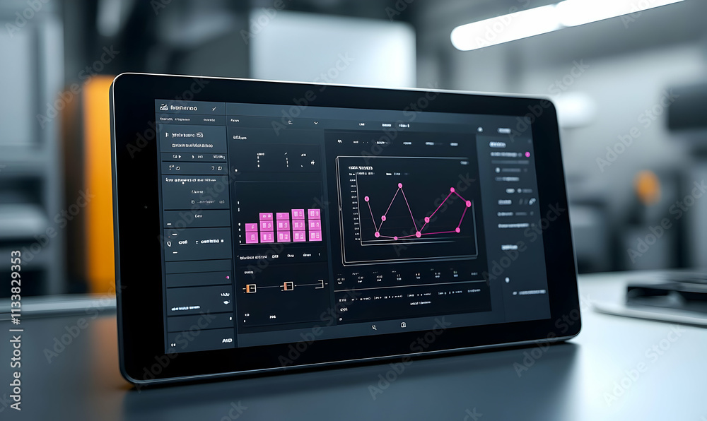 A tablet displaying data visualizations and analytics in a modern workspace. A tablet displaying data visualizations and analytics in a modern workspace.