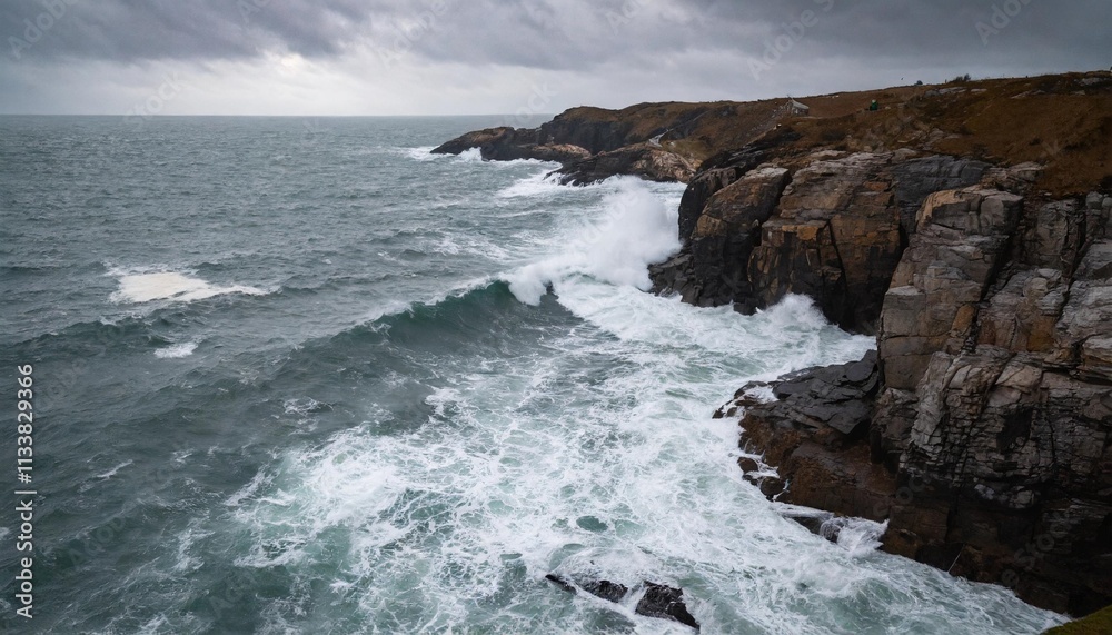 Dramatic Ocean Waves Crashing Against Rocky Cliffs Under Stormy Gray Skies Dramatic Ocean Waves Crashing Against Rocky Cliffs Under Stormy Gray Skies