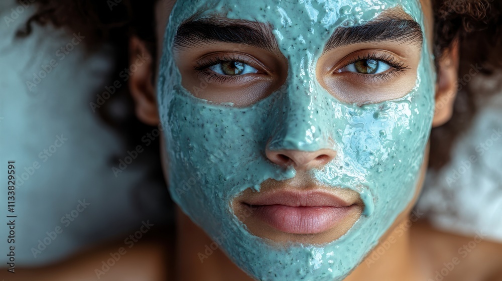 A close-up of a person with a green facial mask, relaxing and caring for their skin.