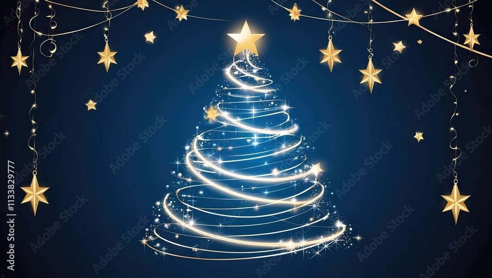 Twinkling stars and decorations add festive sparkle to the abstract silhouette of a Christmas tree made of swirling lines of light against a deep blue background Twinkling stars and decorations add festive sparkle to the abstract silhouette of a Christmas tree made of swirling lines of light against a deep blue background