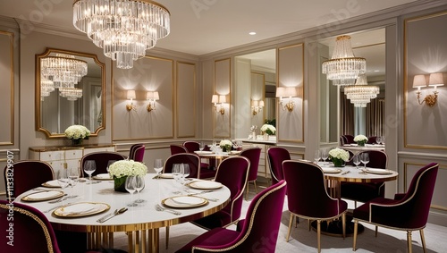 sophisticated dining area including velvet chairs, gold-trimmed tables, and crystal chandeliers A polished, luxurious mood is created by the subtle ambient lighting photo