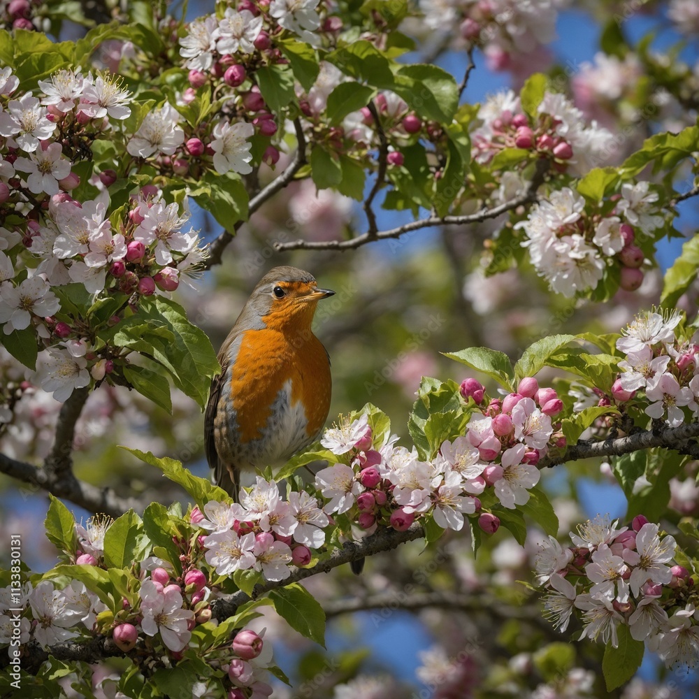 A colorful robin perched on a flowering apple tree in full bloom. A colorful robin perched on a flowering apple tree in full bloom.