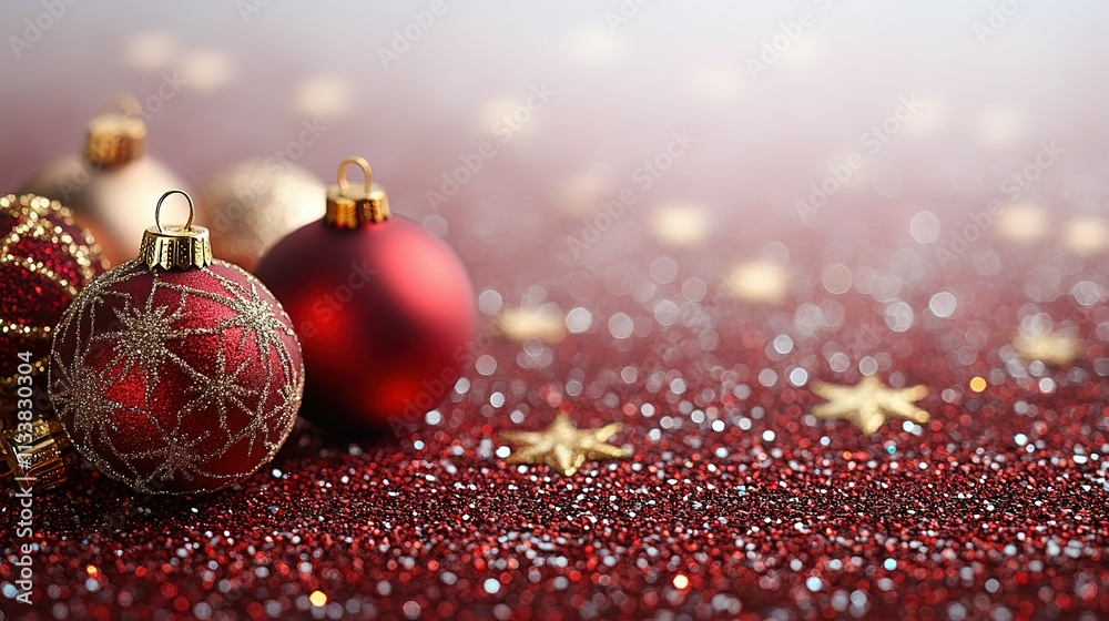Red and Gold Christmas Ornaments on Glitter Red and Gold Christmas Ornaments on Glitter