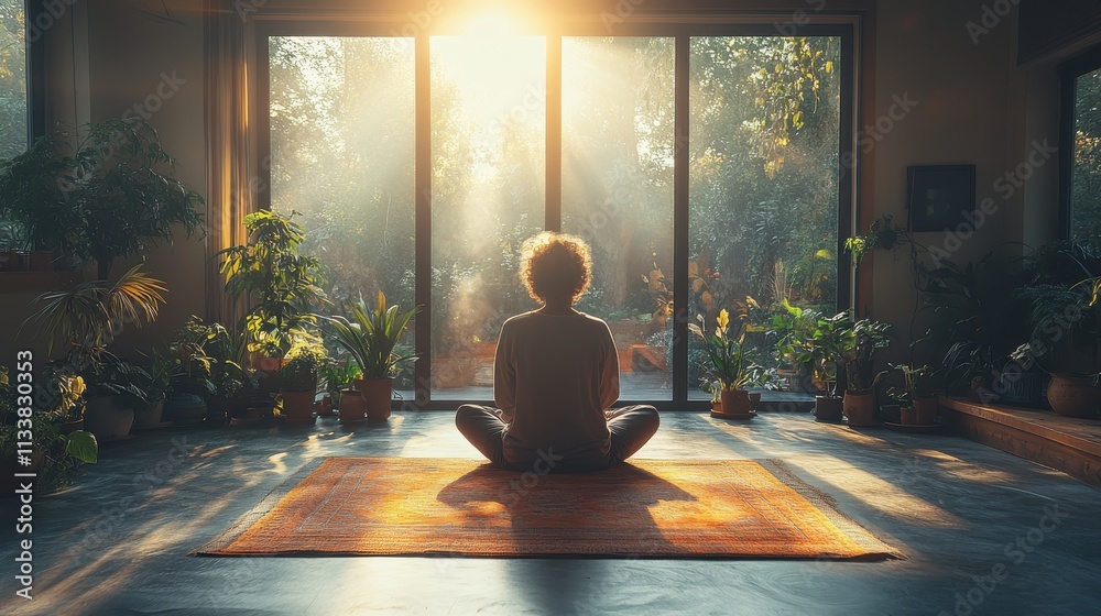 A person meditating in a sunlit room surrounded by plants, promoting tranquility and mindfulness. A person meditating in a sunlit room surrounded by plants, promoting tranquility and mindfulness.