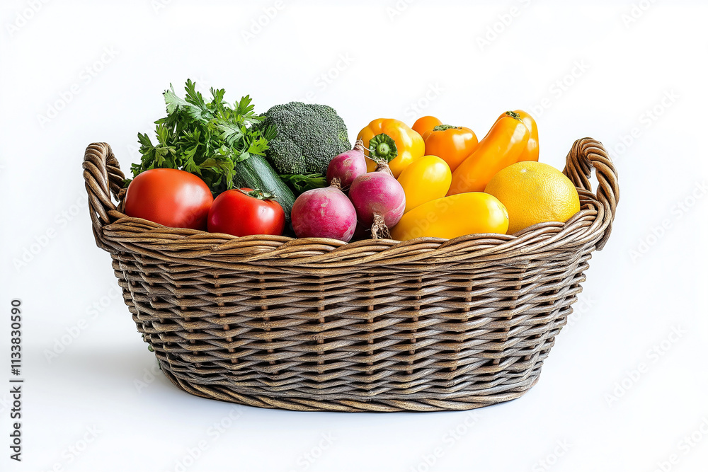 Fresh Organic Fruits and Vegetables in Wicker Basket – Front View Fresh Organic Fruits and Vegetables in Wicker Basket – Front View
