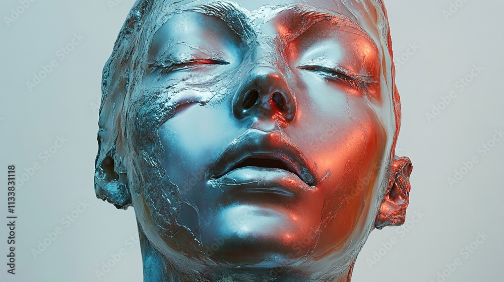 Metallic Face Sculpture: Abstract Portrait in Blue and Red Hues Metallic Face Sculpture: Abstract Portrait in Blue and Red Hues