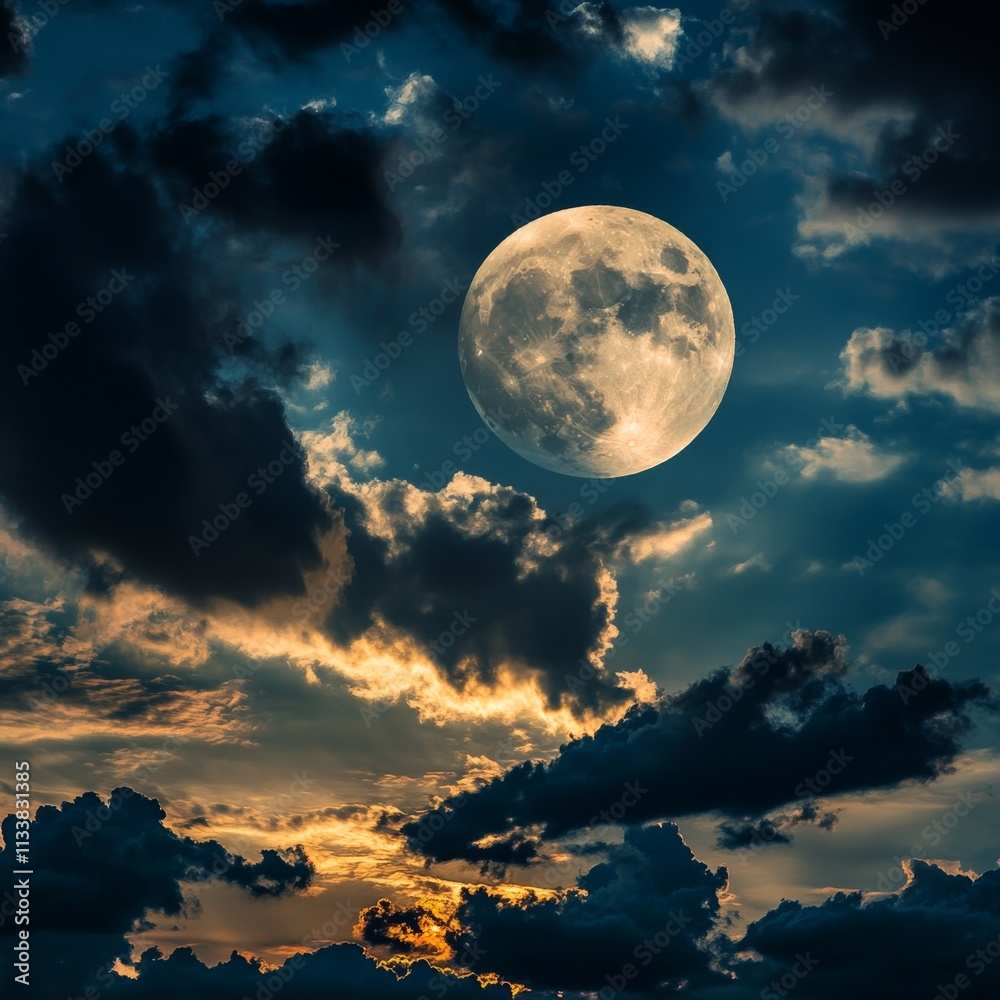 Beautiful cloudy night sky with round moon Beautiful cloudy night sky with round moon