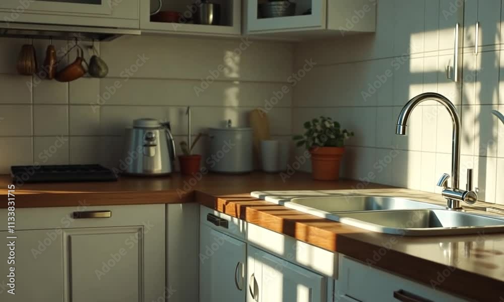 A serene kitchen scene with a sink, sunlight casting shadows, and potted plants. A serene kitchen scene with a sink, sunlight casting shadows, and potted plants.