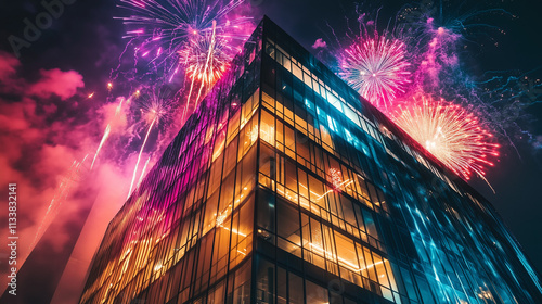 office building at night illuminated by colorful fireworks exploding in the sky above