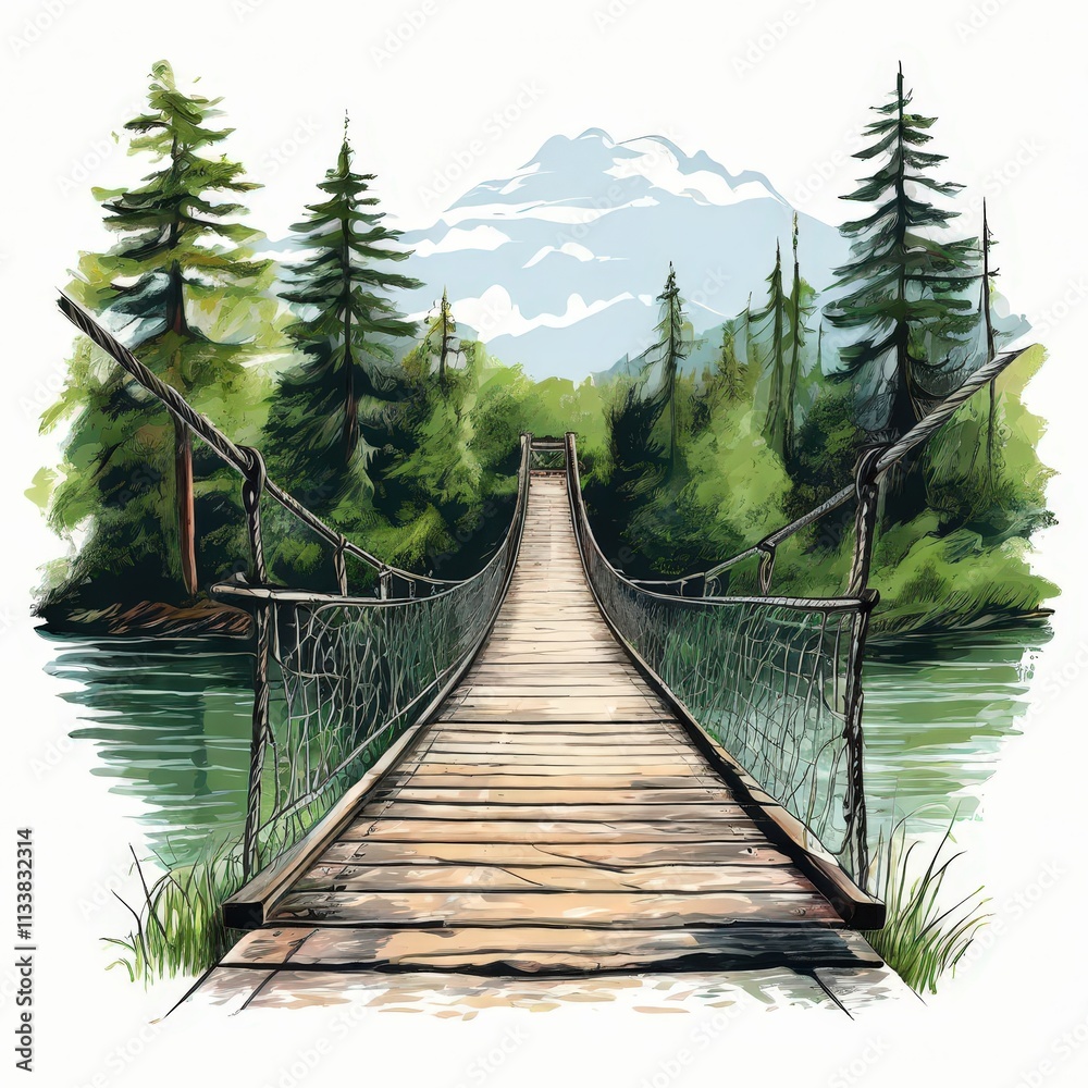 Obraz premium the AI Image Generator, Suspension Bridge Over Serene Forest River Landscape