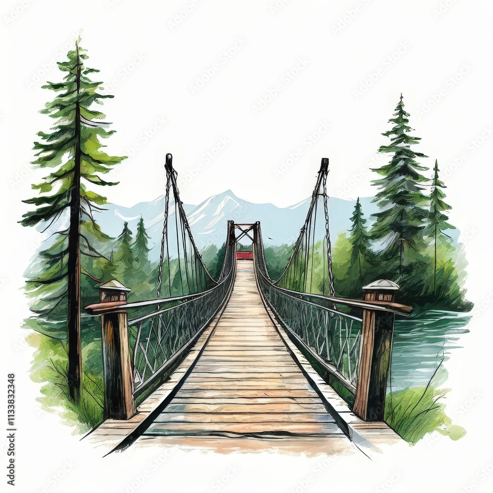 Obraz premium the AI Image Generator, Suspension Bridge Over Serene Forest River Landscape