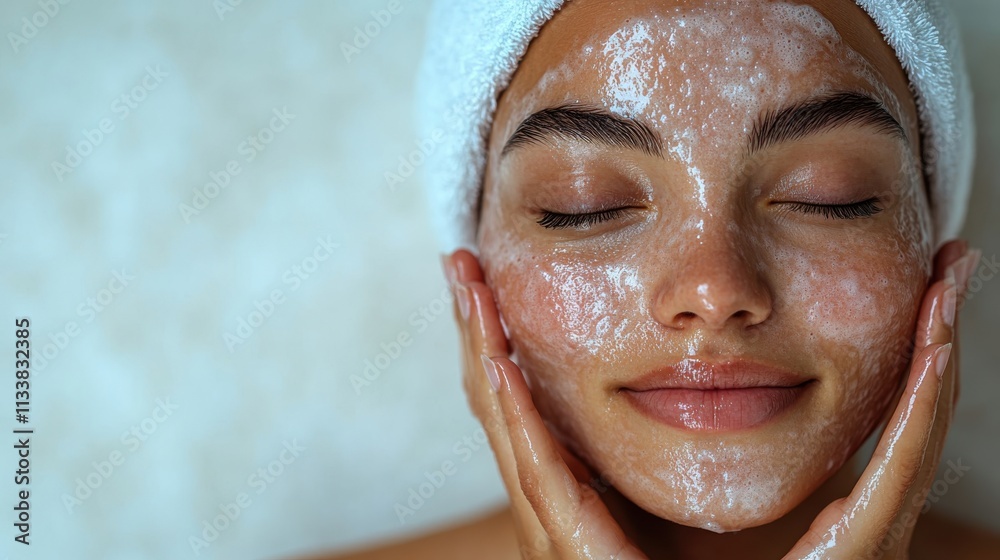 A woman applying a facial scrub, enjoying a skincare routine for relaxation and rejuvenation.