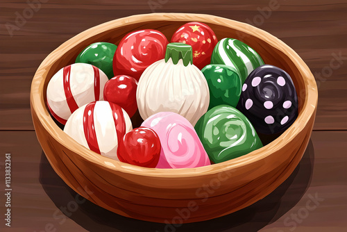 Colorful hard candies in a wooden bowl on a table. photo