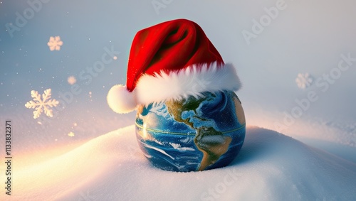 During the holiday season, a globe with a Santa hat resting on snow represents unification and the spirit of the world. An ideal idea for the entire world... See More photo