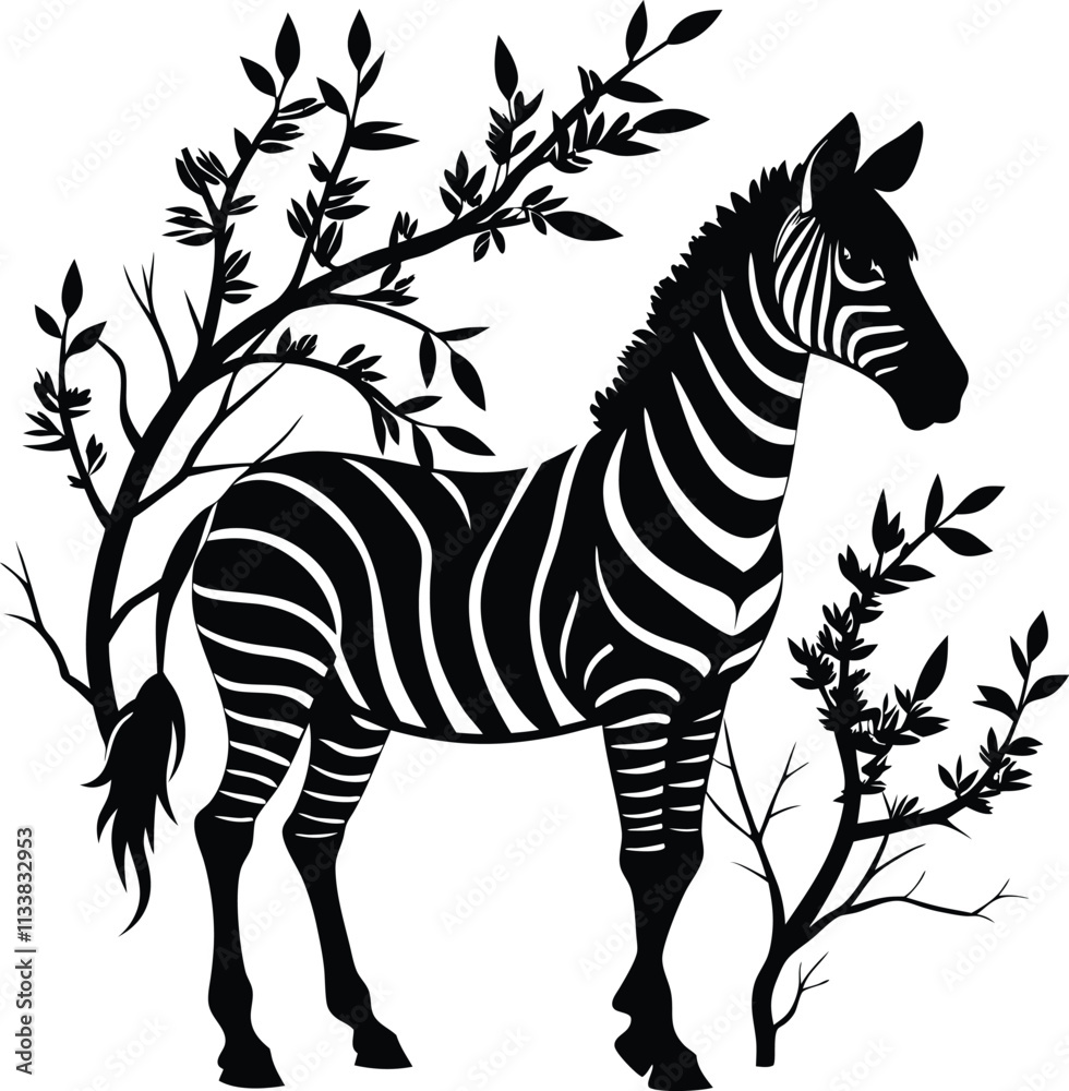 Obraz premium Black and White Zebra Illustration: Striking Silhouette Art of a Zebra Standing Near Trees, Wildlife Animal Graphic Design
