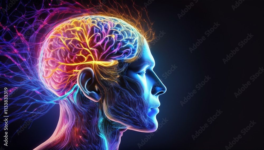 Vibrant digital art depicting a human brain's intricate network. Vibrant digital art depicting a human brain's intricate network.