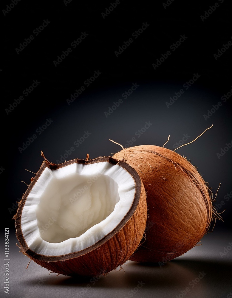 Cracked coconut on dark background. Tropical fruit. Cracked coconut on dark background. Tropical fruit.
