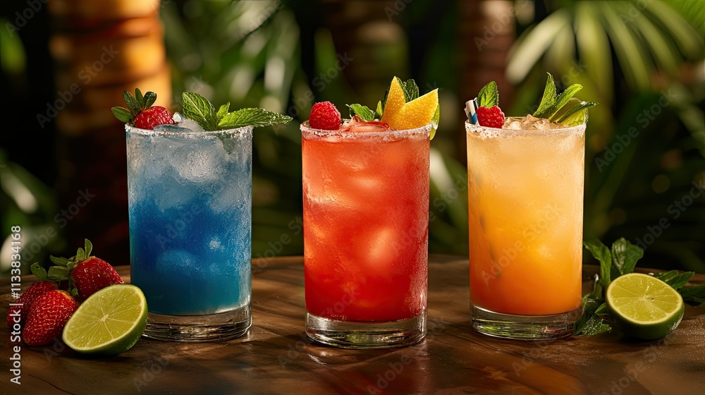 Festive Colorful Drinks in Tropical Setting Festive Colorful Drinks in Tropical Setting
