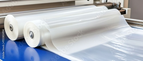 Transparent plastic rolls are showcased on a blue surface, highlighting their smooth texture and industrial application. photo