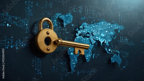 In digital and cyber environments, a key on a blue background represents security and data protection. photo