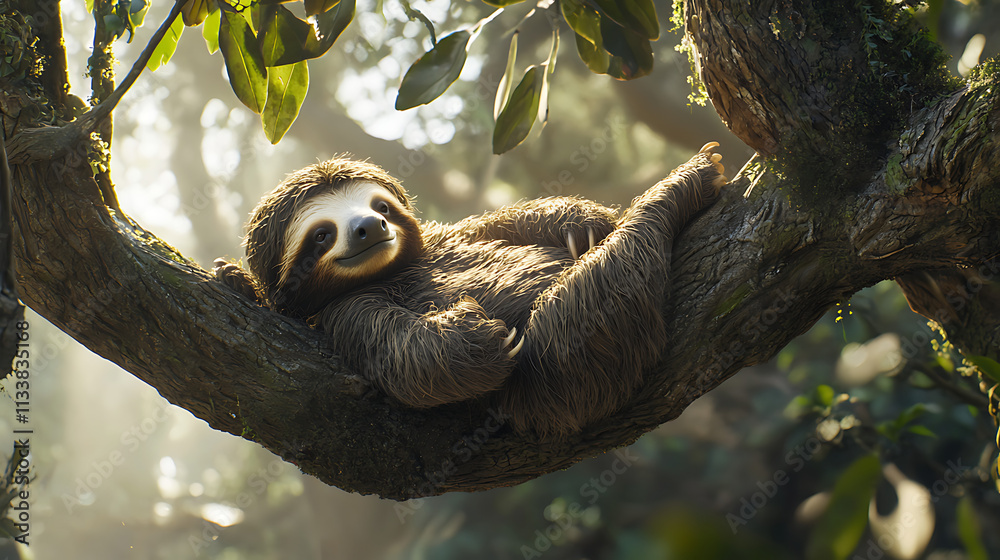 A brown and white sloth is hanging from a tree branch A brown and white sloth is hanging from a tree branch