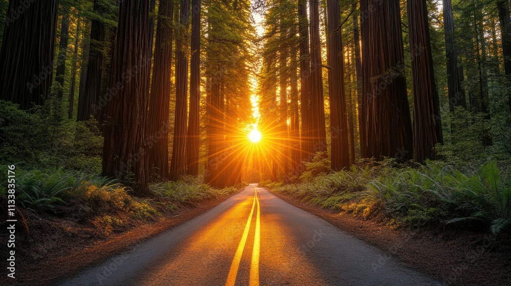 Obraz premium Sunset Drive through Redwood Forest: A Golden Hour Journey