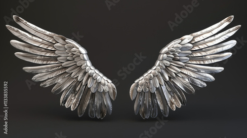 3D silver wings right and left, on a plain black background3D silver wings right and left, on a plain black background