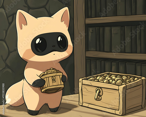 Cute raccoon holding a small wooden bucket of gold coins near a larger treasure chest in a library. photo