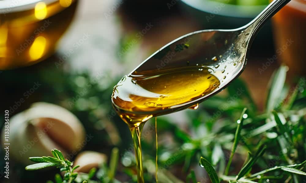Golden Olive Oil Dripping from a Spoon