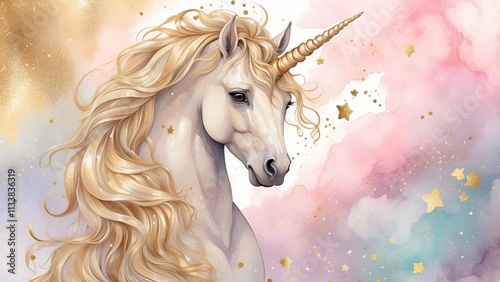 With its flowing mane and glittering stars, this adorable gold unicorn artwork exudes innocence and magic on a dreamy pastel background. It is rendered with gentle watercolor textures. View Less photo