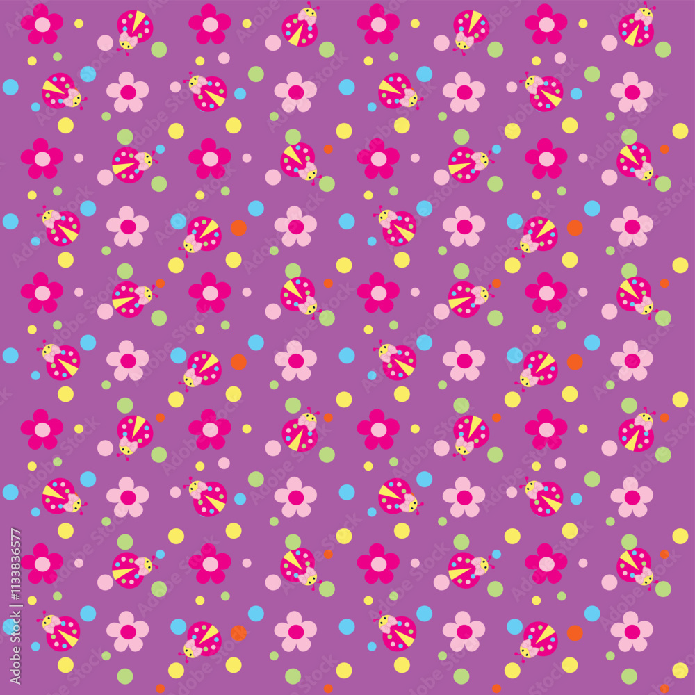 Seamless vector illustration of cute ladybugs with floral decoration.