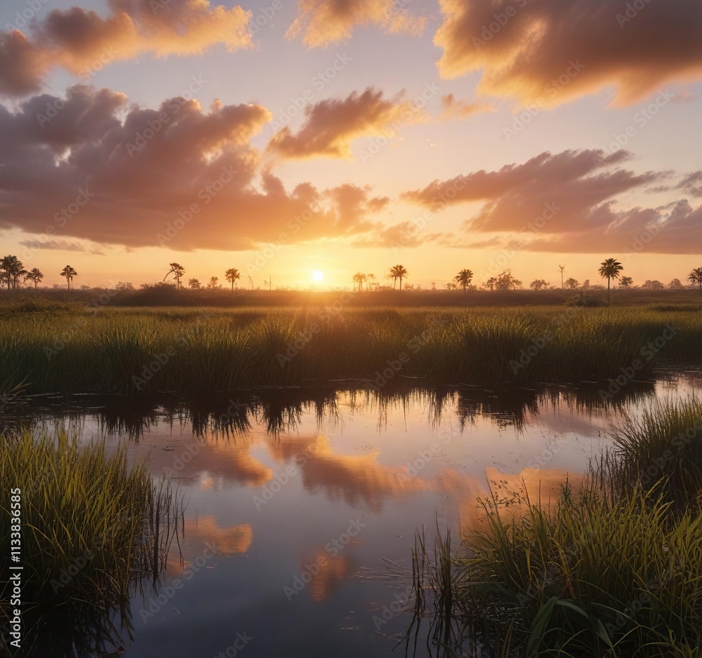 Panoramic view of the sunrise over the wetlands in the everglades, scenic, serene Panoramic view of the sunrise over the wetlands in the everglades, scenic, serene
