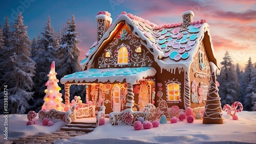 Warm holiday lights illuminate a beautiful winter paradise with a quirky gingerbread home decorated with vibrant frosting and candy. photo