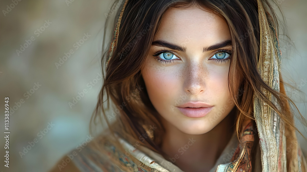 Captivating Gaze: Woman's Beauty, Freckles, Blue Eyes, Soft Light, Brown Hair, Stylish Scarf, Close-up Portrait, Natural Beauty. Captivating Gaze: Woman's Beauty, Freckles, Blue Eyes, Soft Light, Brown Hair, Stylish Scarf, Close-up Portrait, Natural Beauty.