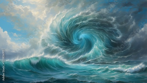 The sheer strength of nature is portrayed by a dramatic sea tornado swirling over turquoise ocean with clear blue skies and clouds. photo