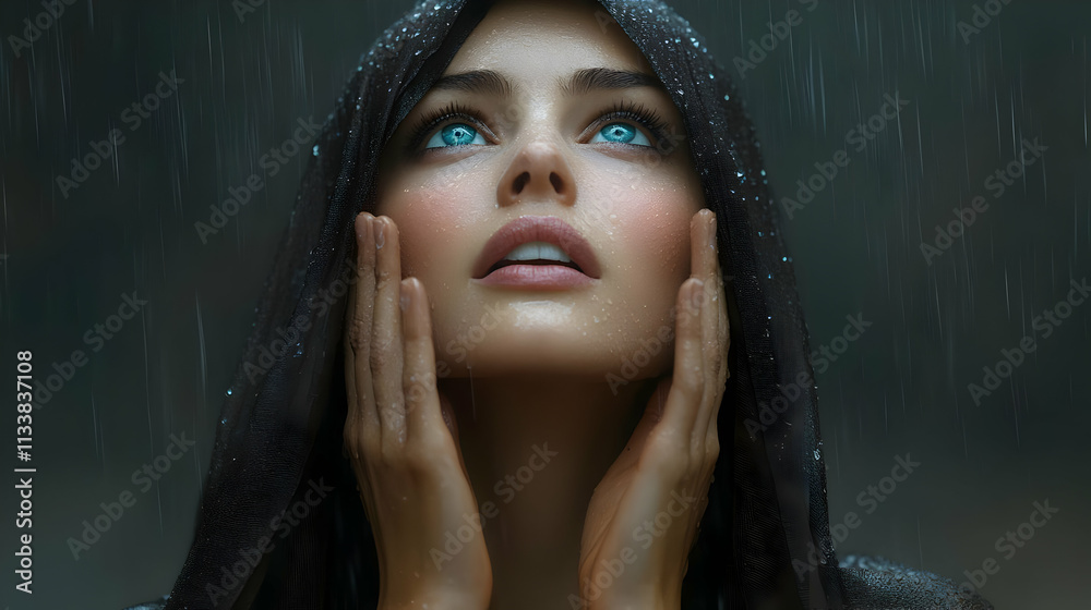 Woman in Rain: A Mystical Gaze Upward, Feeling the Drops