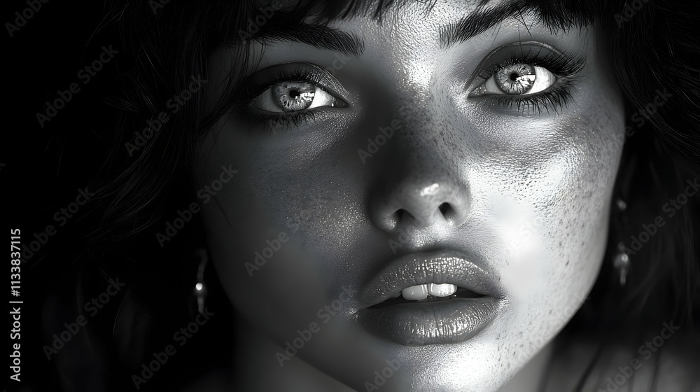 Close-Up: A Woman's Face, Eyes, and Freckles, Captivating Gaze, Stunning Detail, Monochrome Beauty Close-Up: A Woman's Face, Eyes, and Freckles, Captivating Gaze, Stunning Detail, Monochrome Beauty