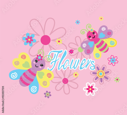 Vector illustration of cute butterfly with beautiful flower