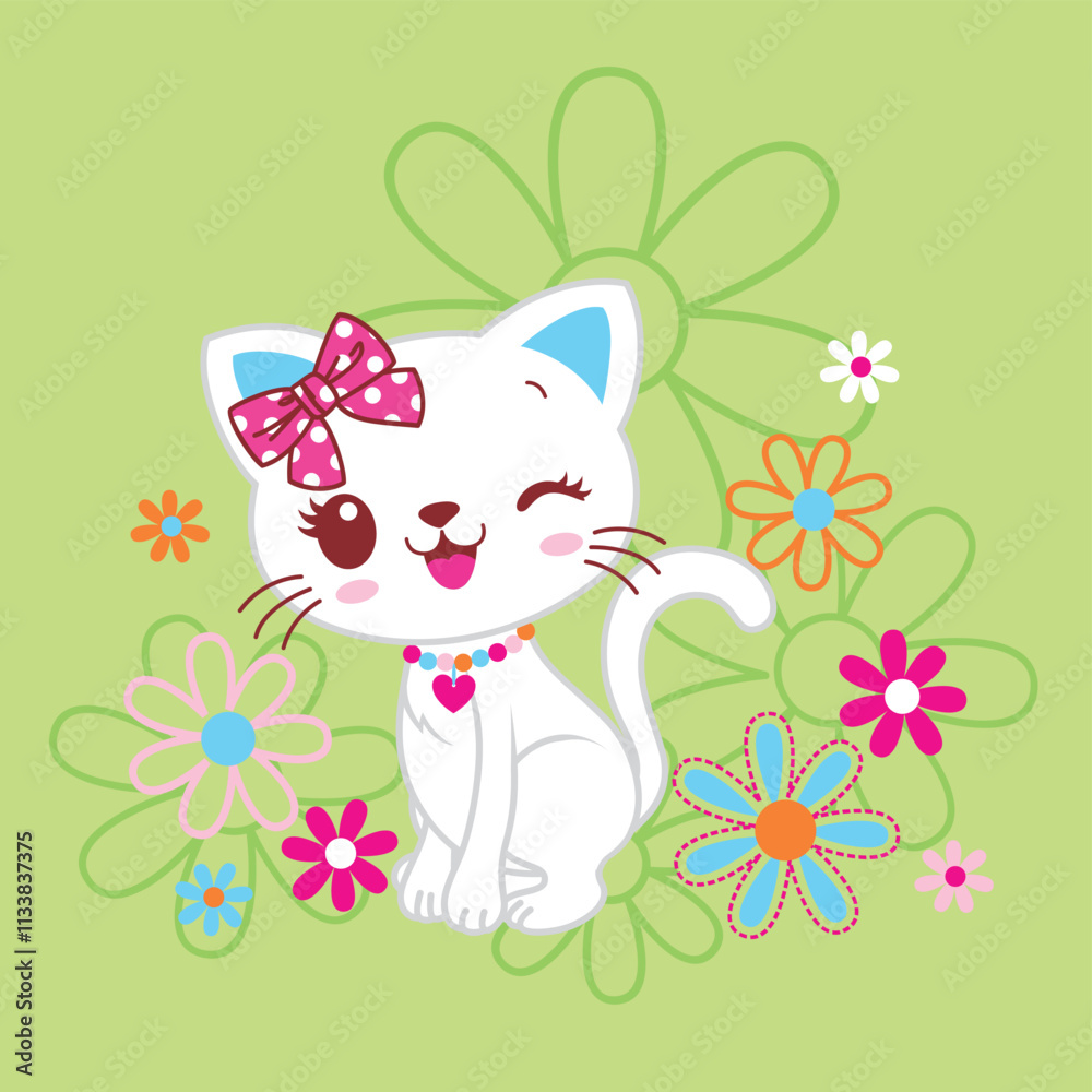 Cute cat with vibrant floral decoration on its head. Colorful and charming vector illustration.
Cute cat with vibrant floral decoration on its head. Colorful and charming vector illustration.