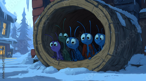 Five cute cartoon insects peek from a wooden barrel in a snowy winter scene.