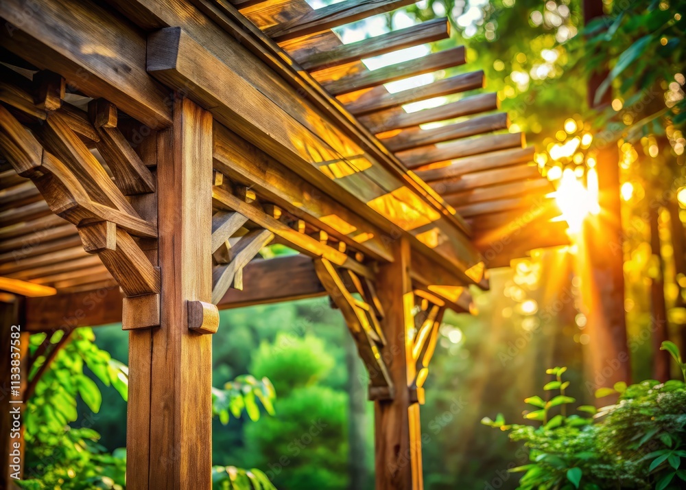 Obraz premium Stunning Wooden Awning Frame Photography: Eye-Level Shot, Rustic Charm, Outdoor Shade Structure