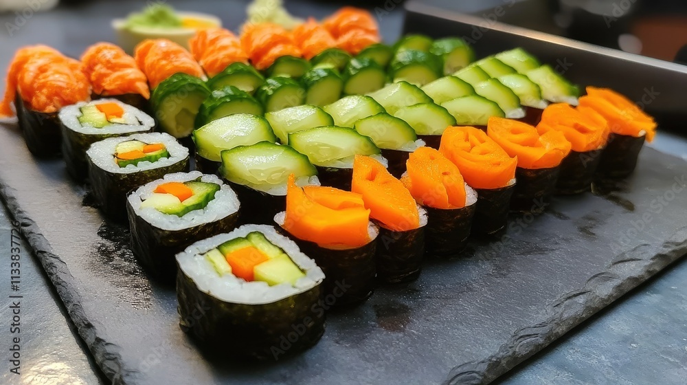 Colorful Vegetarian Sushi Rolls on a Slate Platter Colorful Vegetarian Sushi Rolls on a Slate Platter