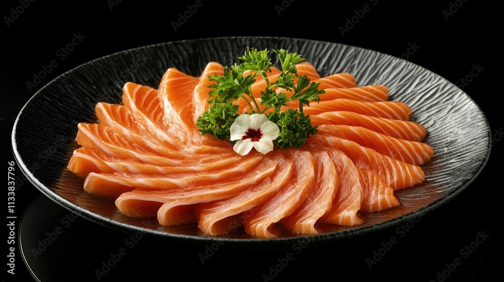 Vibrant Salmon Sashimi Arrangement on Dark Plate Vibrant Salmon Sashimi Arrangement on Dark Plate