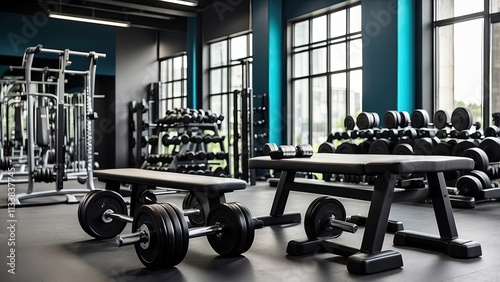 Stylish black tables in a gym setting with dumbbells and barbells, showing a blank mockup area for sports nutrition product displays against a vibrant and bustling background